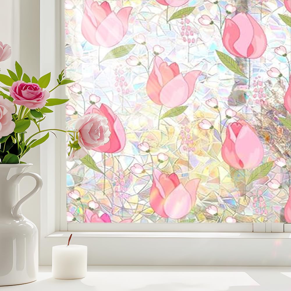 Photo 1 of sanderala Stained Glass Window Privacy Film,Double-Side Non Adhesive Static Clings Decorative,Sun Blocking and Heat Control for for Home Anti UV 17.7" x 39.3"
