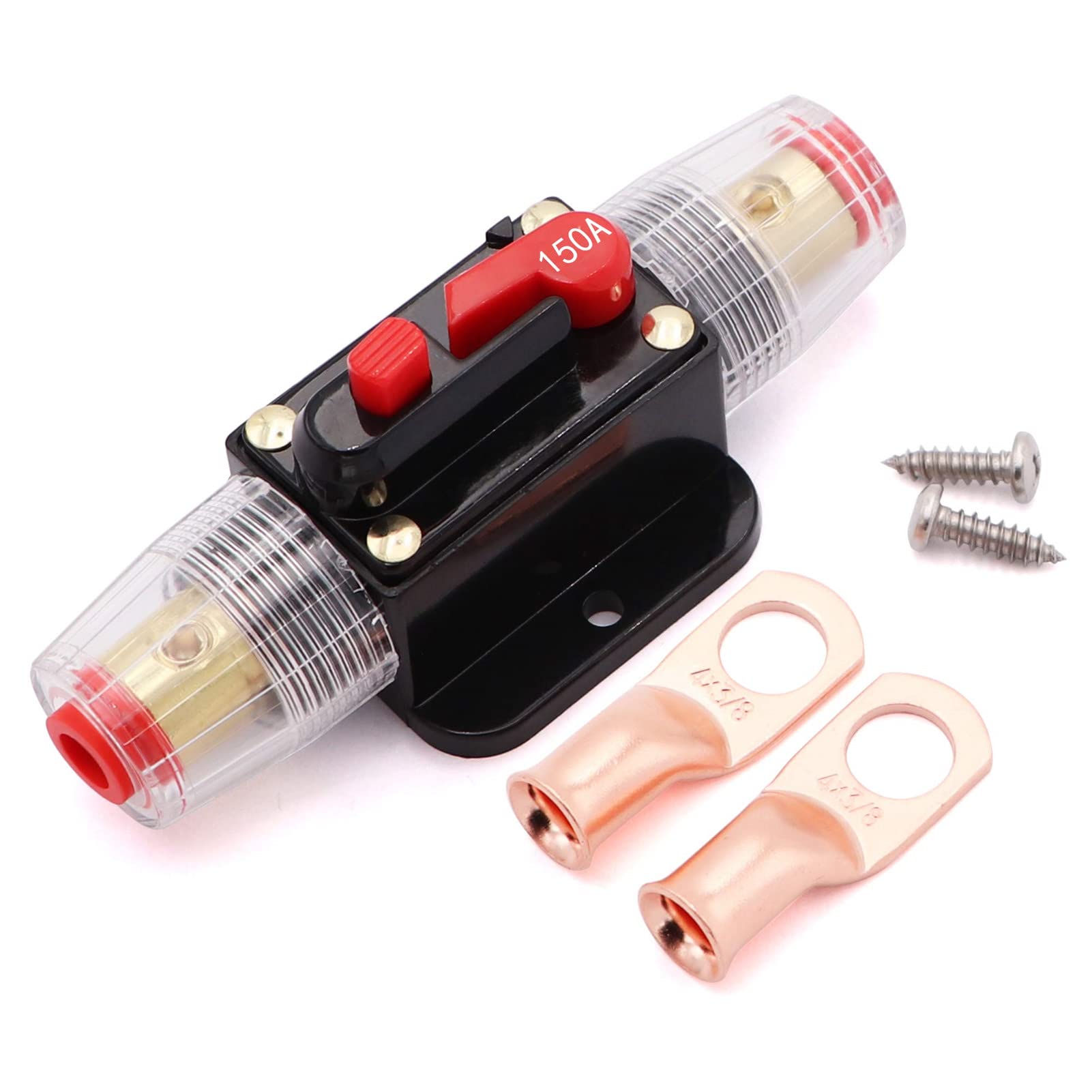 Photo 1 of 150A Audio Inline Circuit Breaker 12V, Auto Fuse Holder 150 Amp with Manual Reset for Car Audio RV Home Marine Boat Truck, with Tubular Ring Terminals (4 * 3/8 AWG)