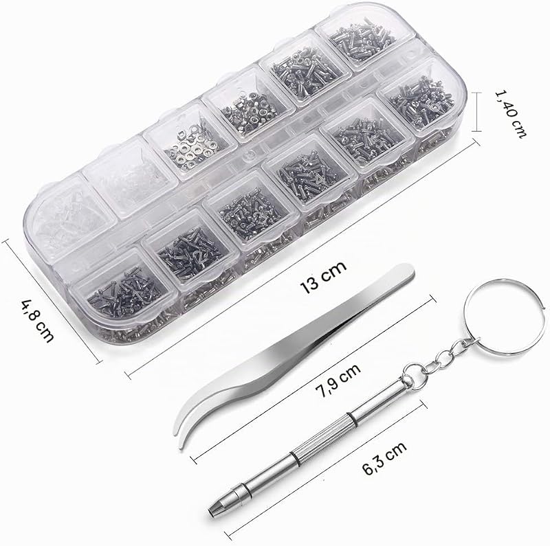 Kit de réparation de lunettes, 1100 petites vis et 5 paires de plaquettes de nez en acier inoxydable avec micro tournevis, pince à épiler pour lunettes, lunettes de soleil, montre — photo 2 sur 7