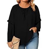Eytino Womens Plus Size Tops Long Sleeve Crewneck Dressy Casual Chiffon Blouse Flowy Shirts(1X-5X)