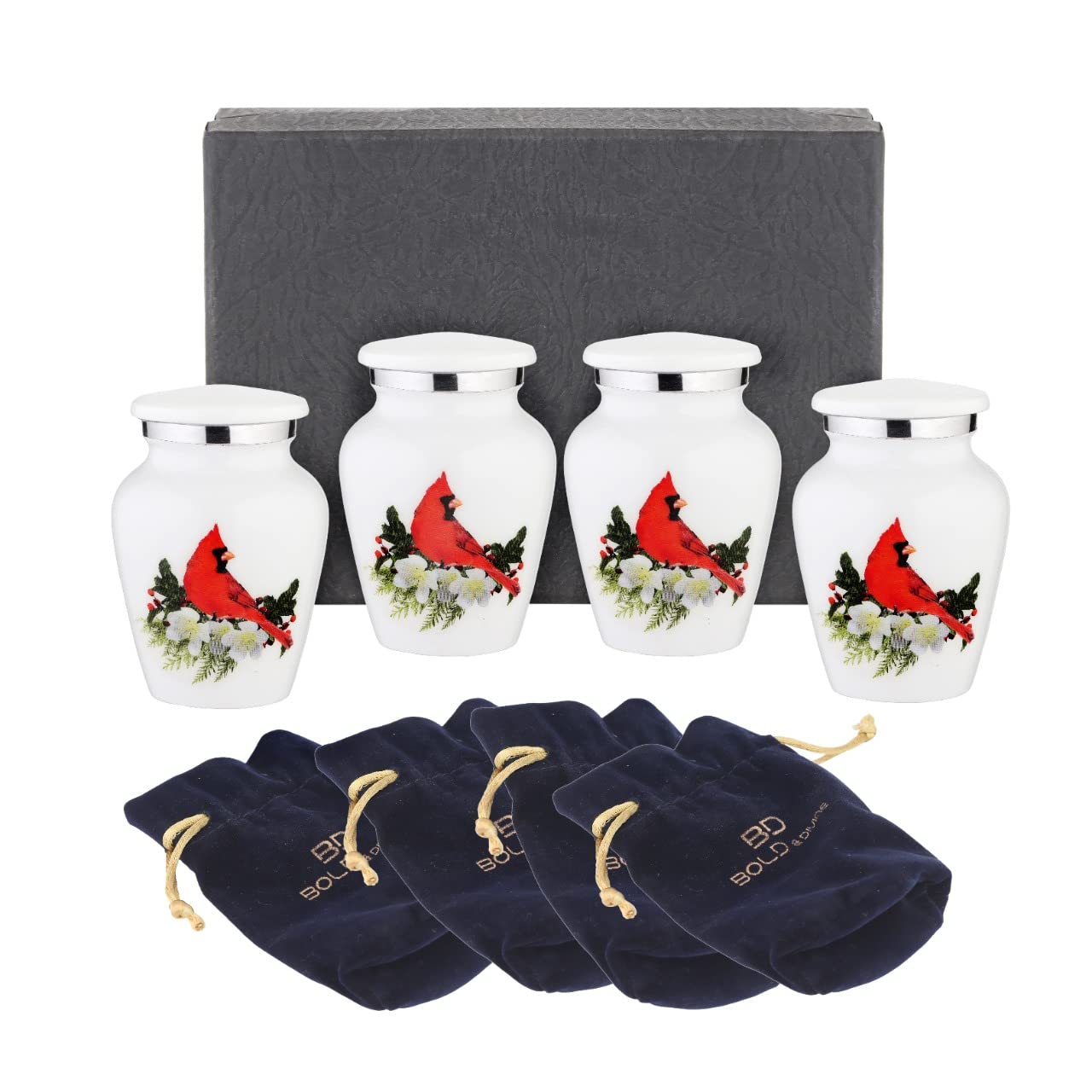 BOLD & DIVINE Handcrafted Cardinal Bird Keepsake Urns | Small | Mini Urn Set of 4 | For Human Ashes With Premium Box & Funnel
