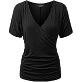 Made By Johnny Women's V Neck Short Sleeve Wrap Front Drape Dolman Tunic Top