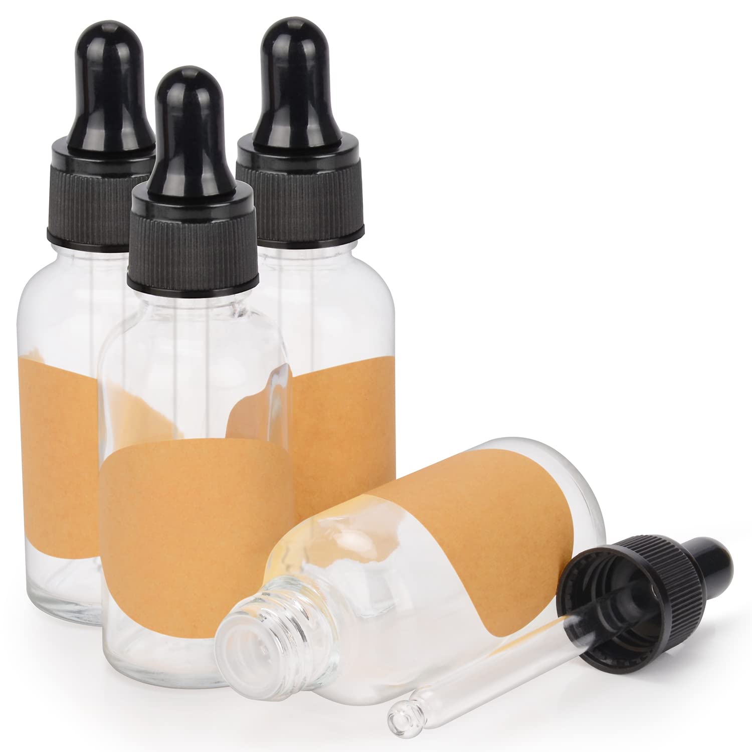 stonylab 4-Pack Glass Dropper Bottle, Empty Bottle with Glass Dropper, Inner Plug and Label for Laboratory Solutions (30 ml, Transparent)