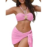 EHSUYAB Sexy Womens Starfish 3 Piece Bikini Set, Textured Halter Bandeau Swimsuit Cover Up Skirt, Bathing Suit Beach Outfits