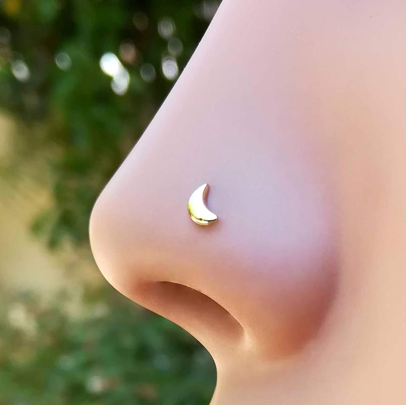 Nose Ring Stud 14K Solid Yellow Gold Crescent Moon