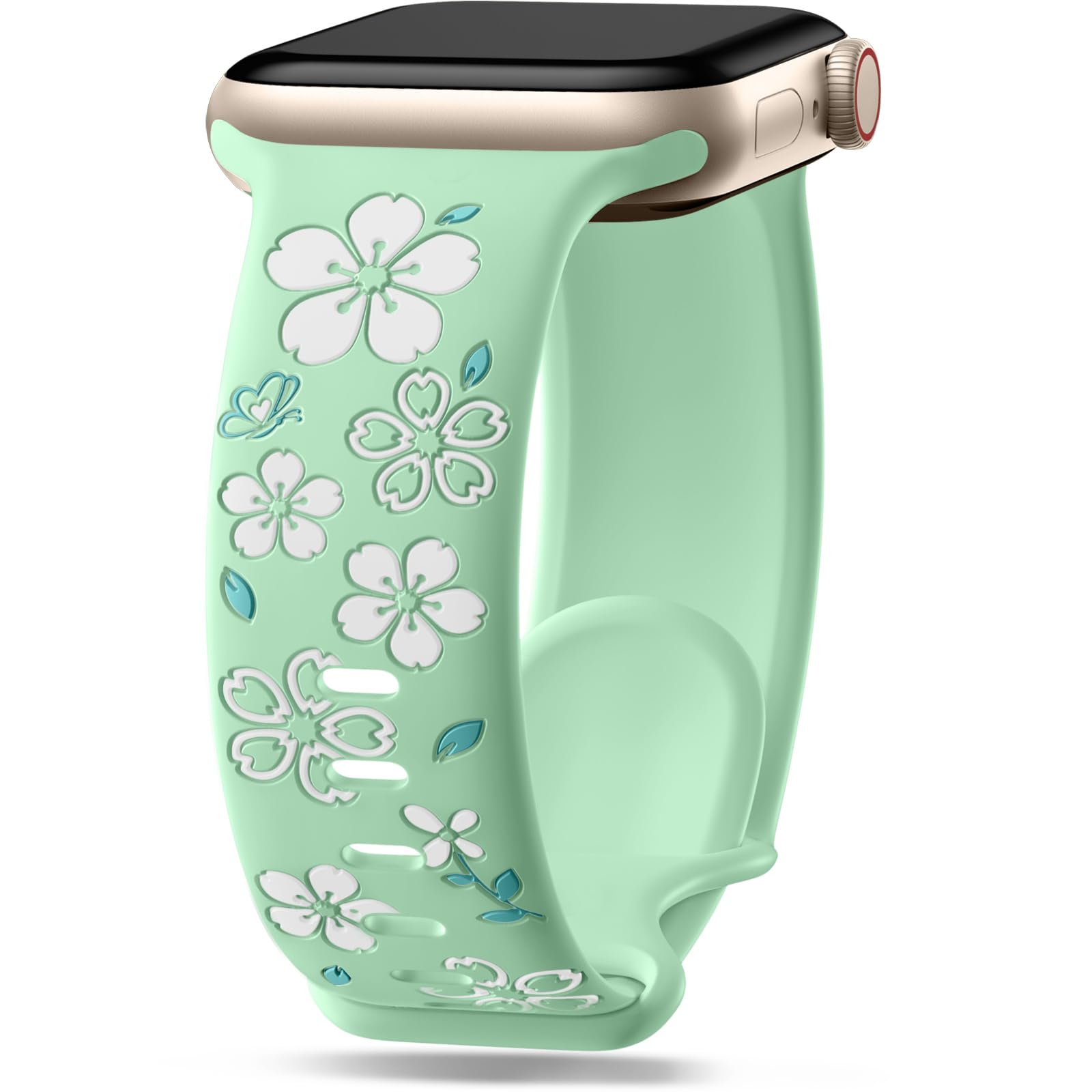 Wepro Cute Floral Engraved Band: for Apple Watch Bands for Women 40mm 41mm 38mm 42mm Cute Flower Silicone Inlay Dressy Strap - for iWatch Series 10 9 8 7 6 5 4 3 2 SE Cyan Green