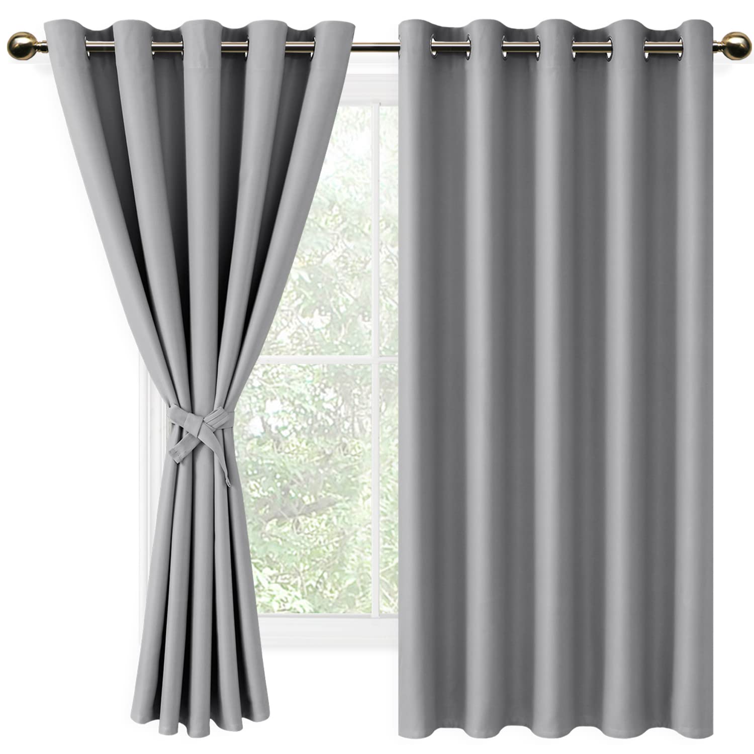 DWCN Silver Grey Blackout Curtains with Tiebacks for Bedroom Thermal Insulated Solid Eyelet Curtains for Living Room,2 Panels,66" Wide x 72" Drop