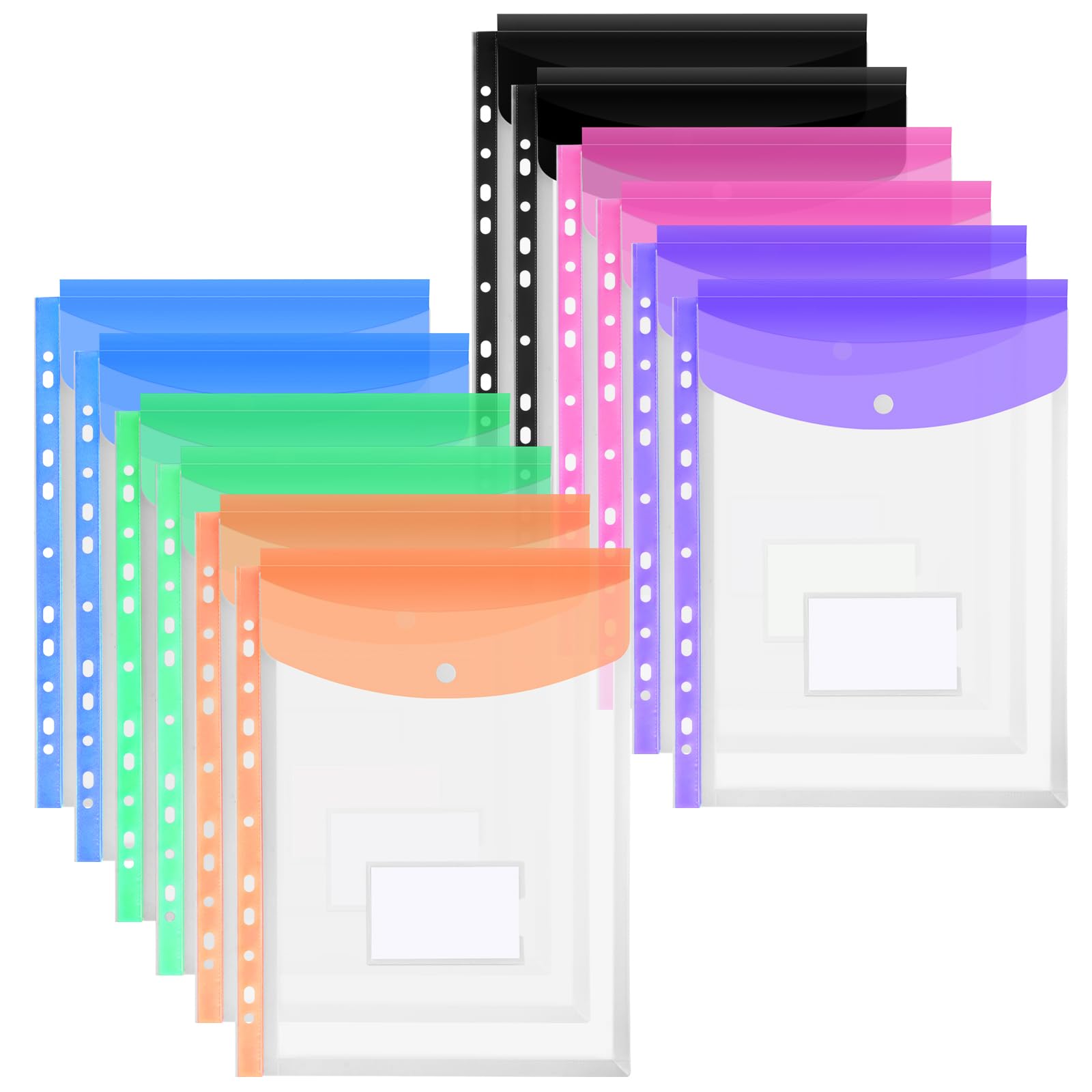 OFFCUP Plastic Wallets A4 Punched Pockets, 12 Pack Expandable Folders Document Files for 2/3/4 Ring Binder with Button & Label, 11 Holes Popper Wallets or School Office Home Travel