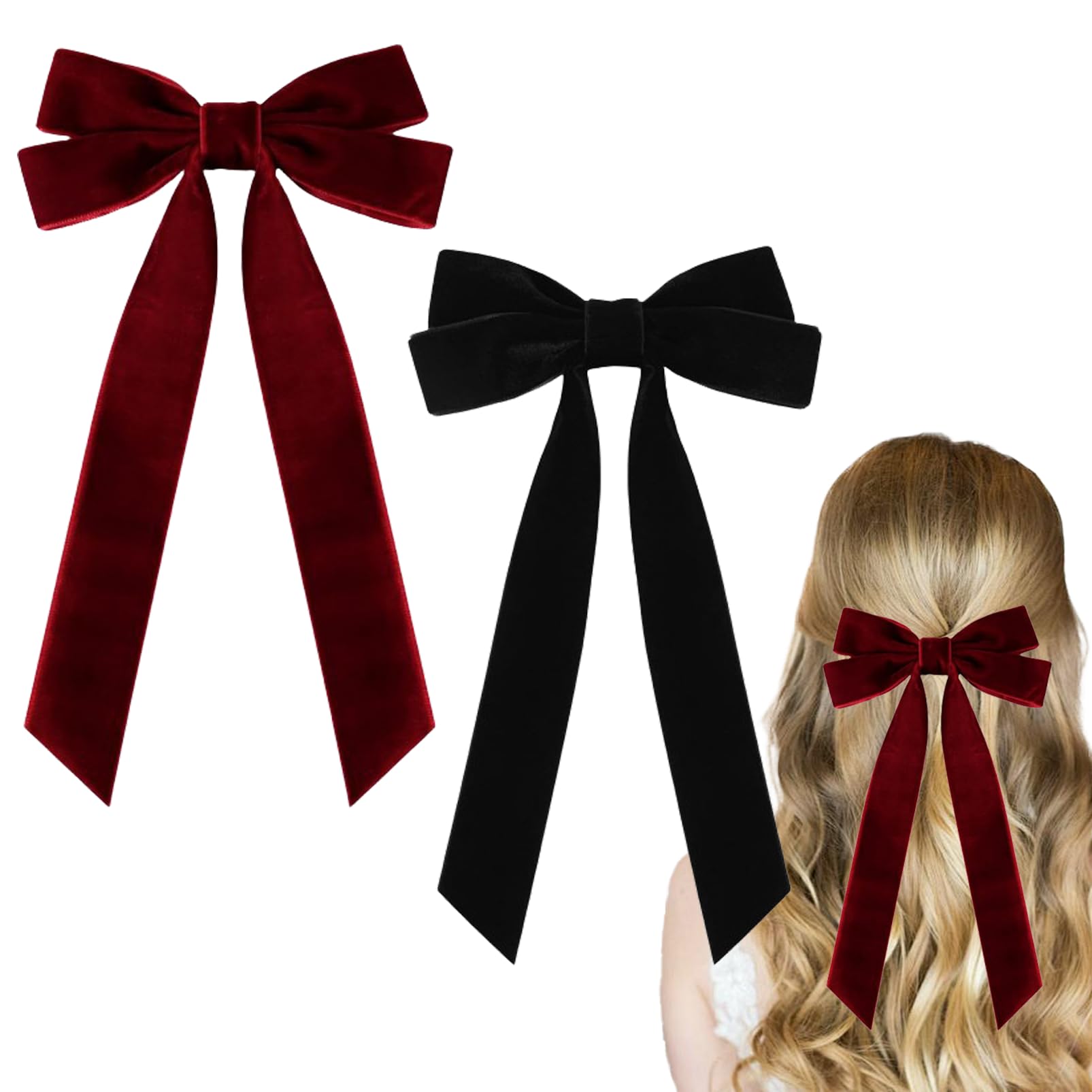 Velvet Bow Hair Clip - Large Ribbon Bow Hairpins in Red & Black - French Vintage Style - Christmas Hair Accessory