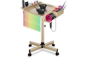 QINRUNKOI Salon Rolling Tray on Wheels with Adjustable Height - Salon & Spa Service Tray for Hair Stylist, Tattoo & Dental Use (Gold)