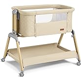 TotRun Bassinet Bedside Sleeper, Rocking Bassinets with Comfy Mattress and Wheels for Newborn, 5-Height Adjustable (Beige)