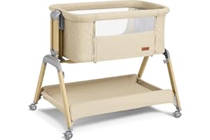 TotRun Bassinet Bedside Sleeper, Rocking Bassinets with Comfy Mattress and Wheels for Newborn, 5-Height Adjustable (Beige)