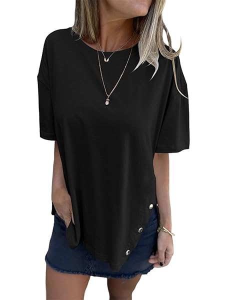 TANKANEO WOMENS SHORT SLEEVE T SHIRTS SUMMER TOPS CREW NECK SIDE SPLIT CASUAL LOOSE FIT TEE BLOUSE BLACK