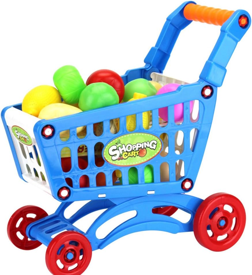 discountstore145 Pre-Kindergarten Toys Pretend Play Tool Set Fruit Vegetable Food Shopping Trolley Toy Imaginative Play for Kids Blue