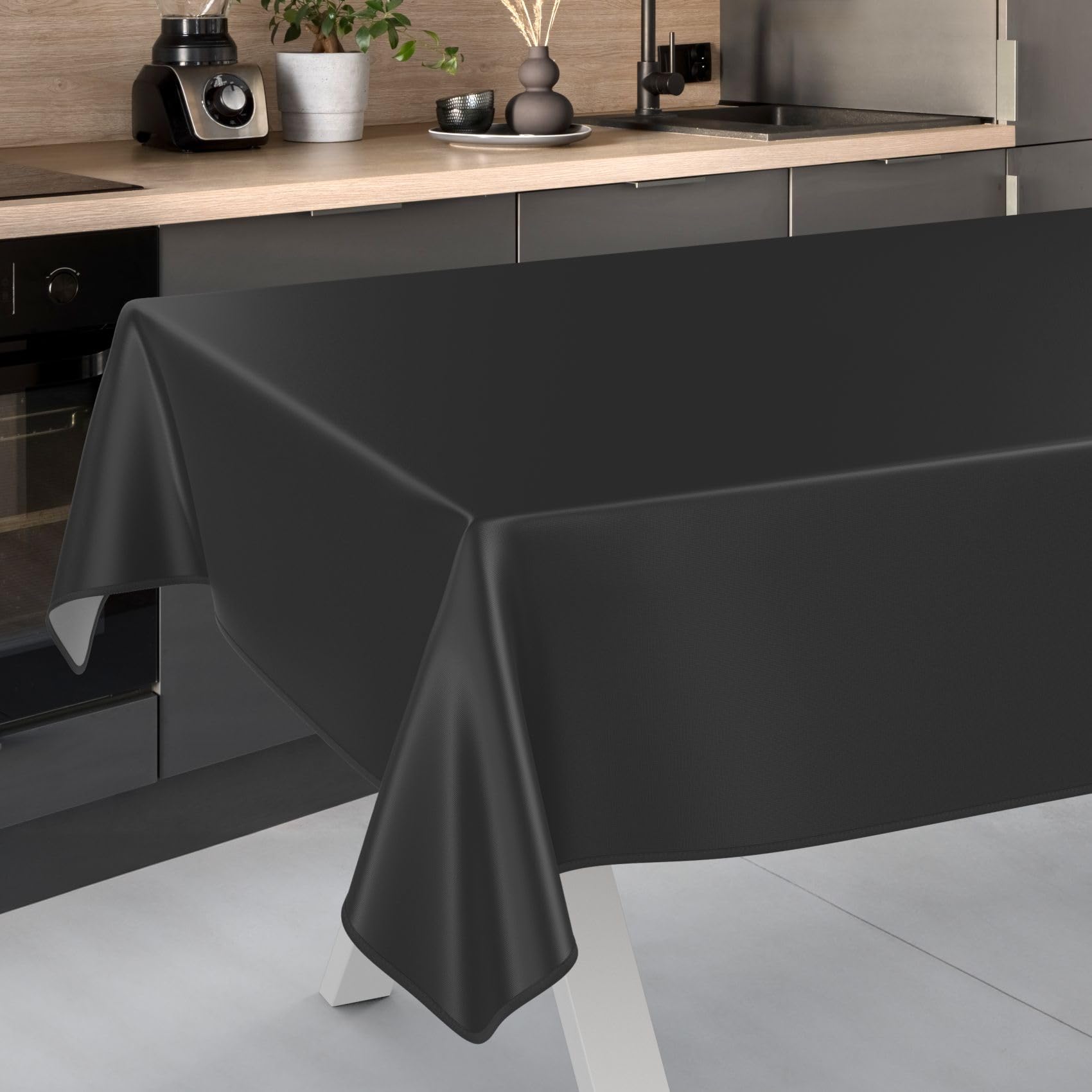 ANRO Oilcloth Tablecloth, Washable, Oilcloth, Garden Tablecloth, Outdoor, Indoor, 220 x 140 cm with Hem, Black