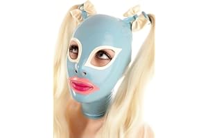 Latex Hood with Braids and Bows, Blue Full Face Cover with Zipper for Master, Queen, Sex, BDSM, Party, Cosplay, Holiday