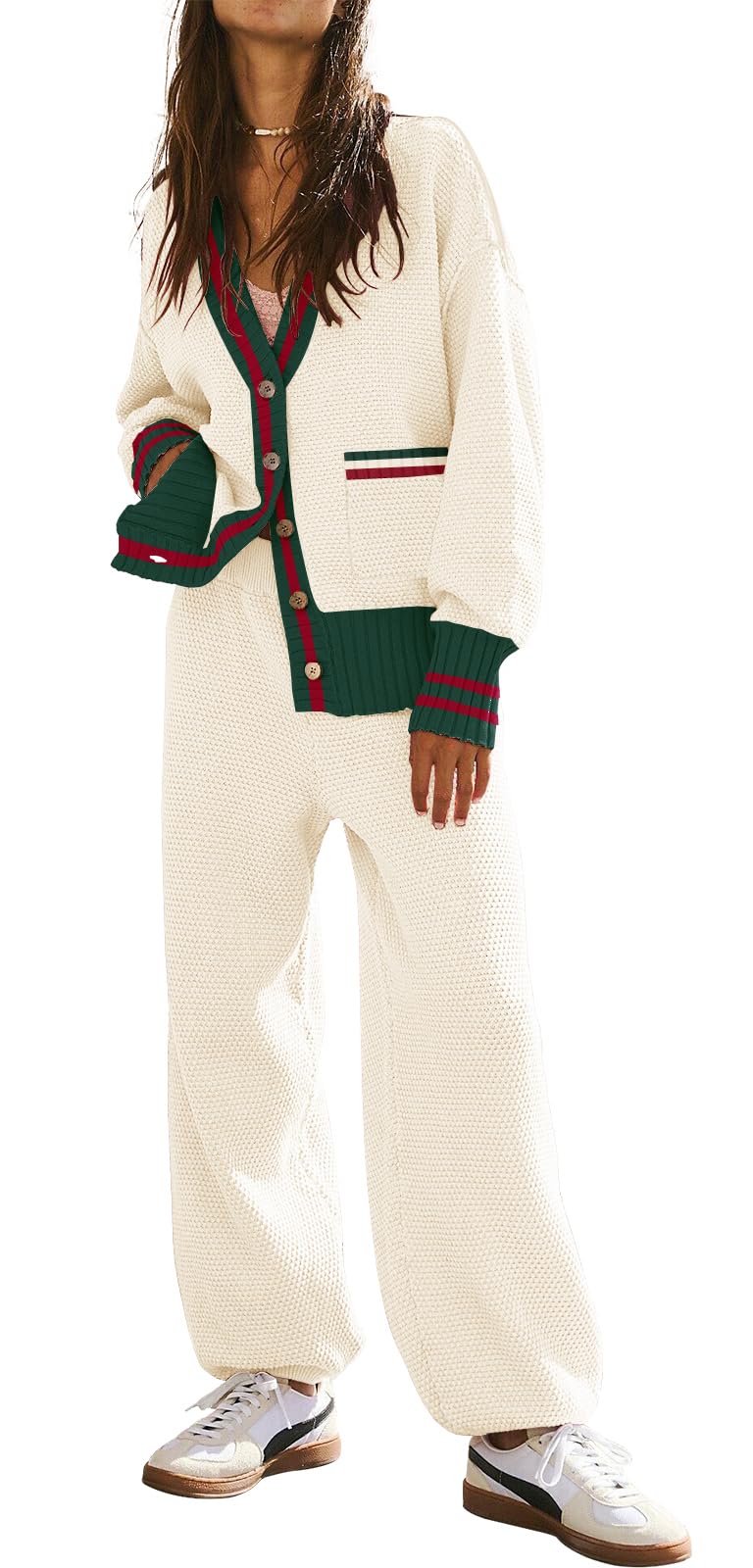 Photo 1 of *STAINED* ETCYY NEW Women's 2 Piece Outfit Lounge Set Trendy Cardigan Sweater Pants Sets V Neck Button Pocket Knit Matching Loungewear (Contrast White, L)