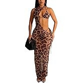 Women's Sexy Swimsuit 3 Piece Thong Bikini Set Triangle Halter Bathing Suit Sheer Mesh Beach Cover Up Maxi Dress