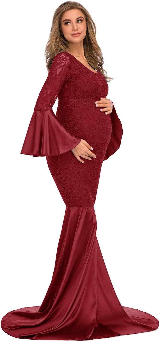 ZIUMUDY Maternity Lace Fitted Gown Long Sleeve Maxi Mermaid Photography Dress Baby Shower Photo Shoot at  Women’s Clothing store