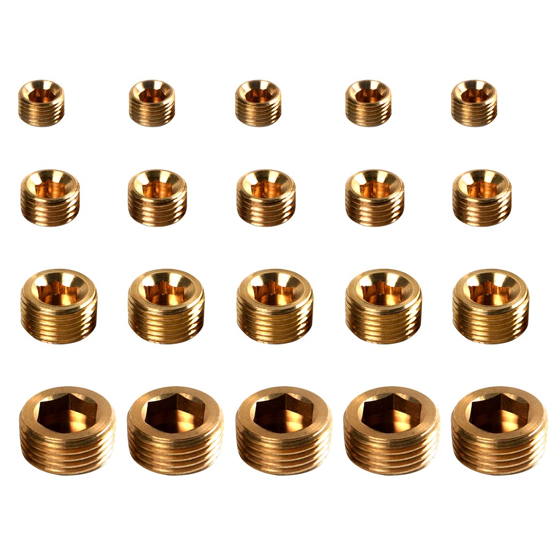Atoplee 20pcs Brass External Thread Inner Hex Head Plug 1/8" 1/4" 3/8" 1/2" Internal Hex Thread Socket Pipe Plug Adapter Fitting [5pcs of Each Size]