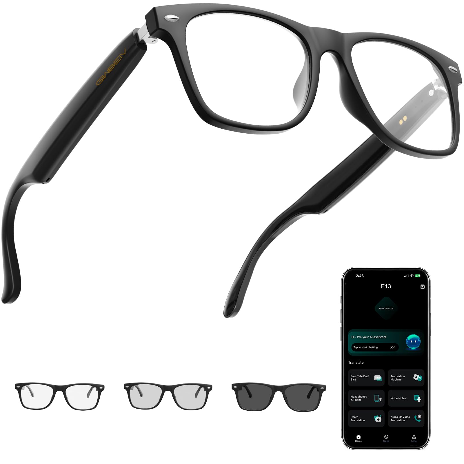 Photo 1 of ***FOR PARTS / MISSING ASSEMBLY PIECES*** Giwbeiv AI Smart Glasses for Men and Women with Chat GPT, Bluetooth Translation Glasses with 164 Languages and Color-Change Lens, Music Playback, Hands-Free Calls, UV & Blue Light Protection