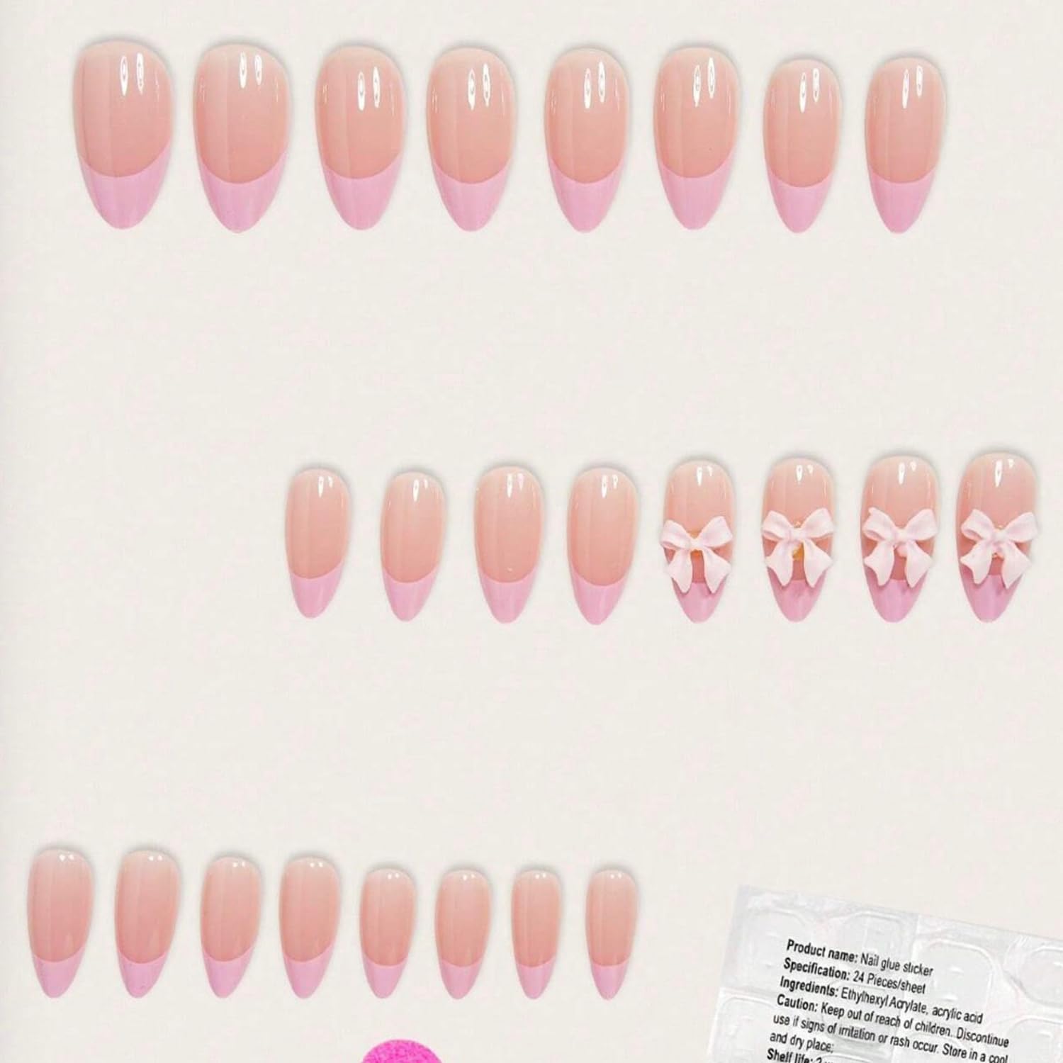 24Pcs French Tip Press on Nails Fake Nails with Pink Bow Design Gloss Short Almond-Shaped False Nails Cute Bow Press ons Stick on Nails Acrylic Artificial Fingernails for Women Girls - Image 4
