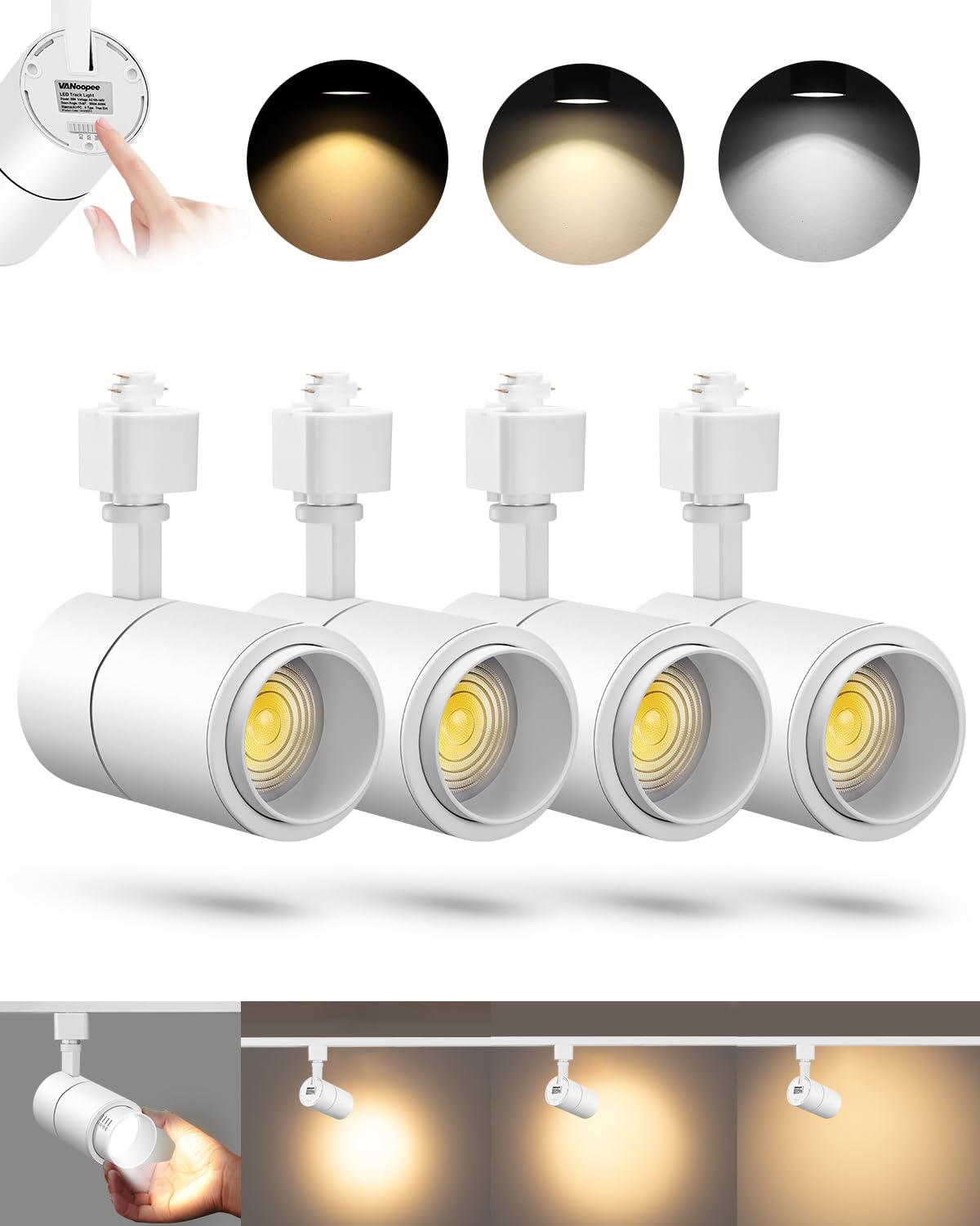 Photo 1 of VANoopee 3-Color Zoomable 20W LED Track Lighting Heads H Type Track Light Heads Dimmable Bright Ceiling Spotlight Fixtures for Kitchen, 3000K 4000K 5000K Adjustable, CRI90+ 15°-60° 2000lm White 4 Pack