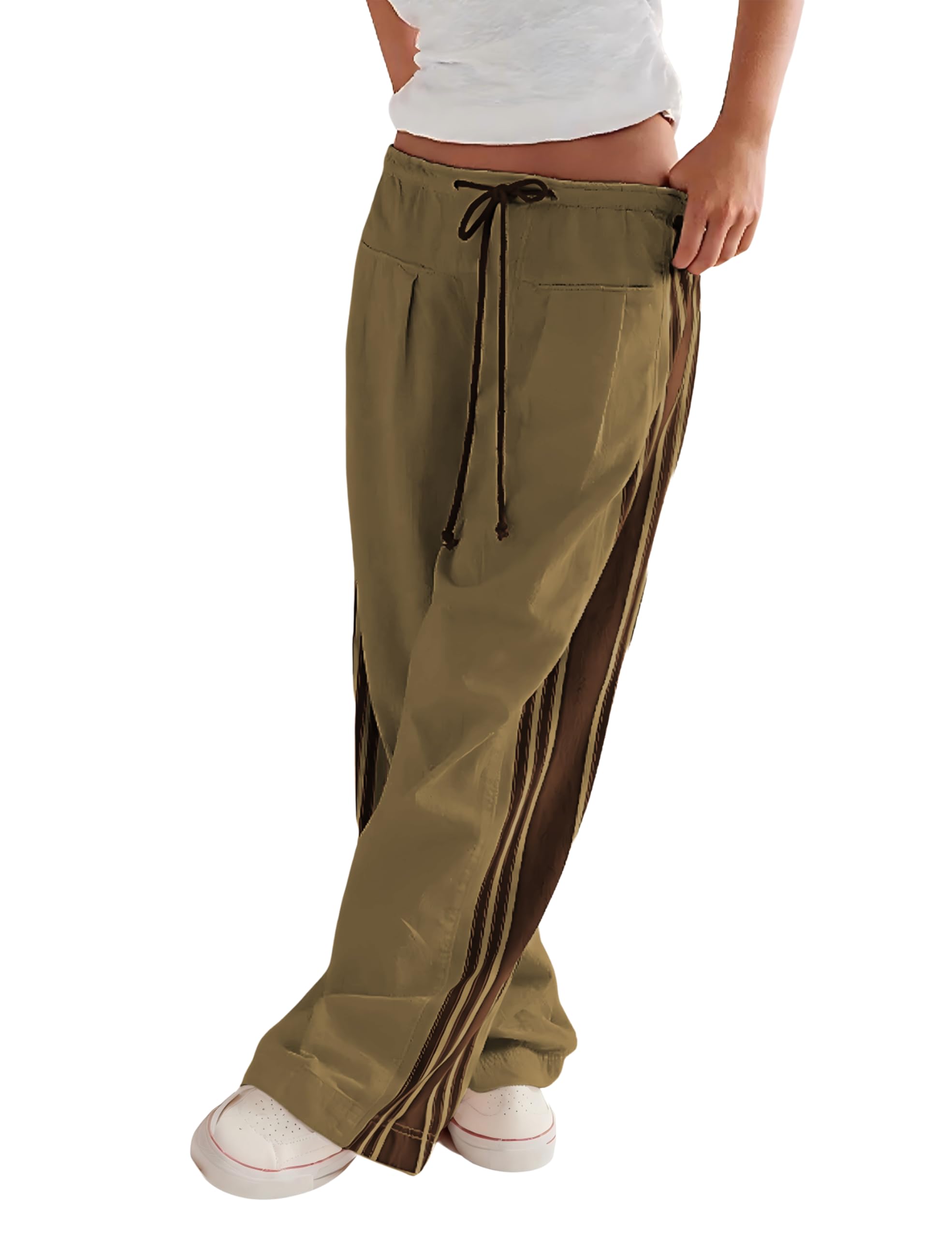 Photo 1 of Hongsui Women's Wide Leg Pants Drawstring High Rise Side Striped Slouchy Palazzo Pants with Pockets (ArmyGreen-M)