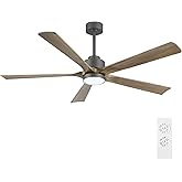 ELEHINSER 60" Modern Ceiling Fan with Light and Remote Control, 5 Solid Wood Blades 6-Speed Noiseless Reversible DC Motor, Ceiling Fan for Kitchen Dinning Living Room, Charcoal Finish with Wood Blades