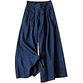 Gihuo Women' s Culottes Linen Blend Wide Leg Pants Elastic Waist Casual Palazzo Trousers with Pockets Capris