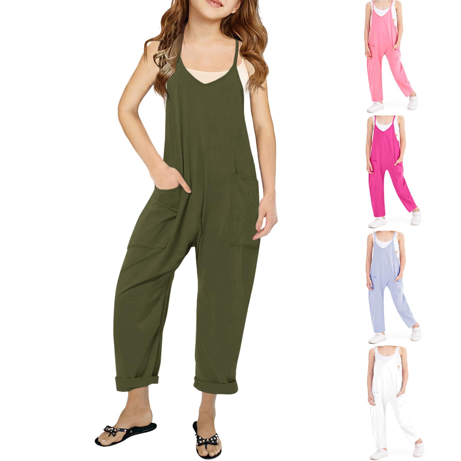 Photo 1 of 1PC   UK loees Jumpsuits for Girls Kids Casual Sleeveless Jumpsuits Spaghetti Strap Romper Long Pants with Pockets Army Green