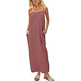 ReachMe Womens Linen Maxi Dress Loungewear Spaghetti Strap Long Dresses Square Neck Sleeveless Backless Dress with Slit