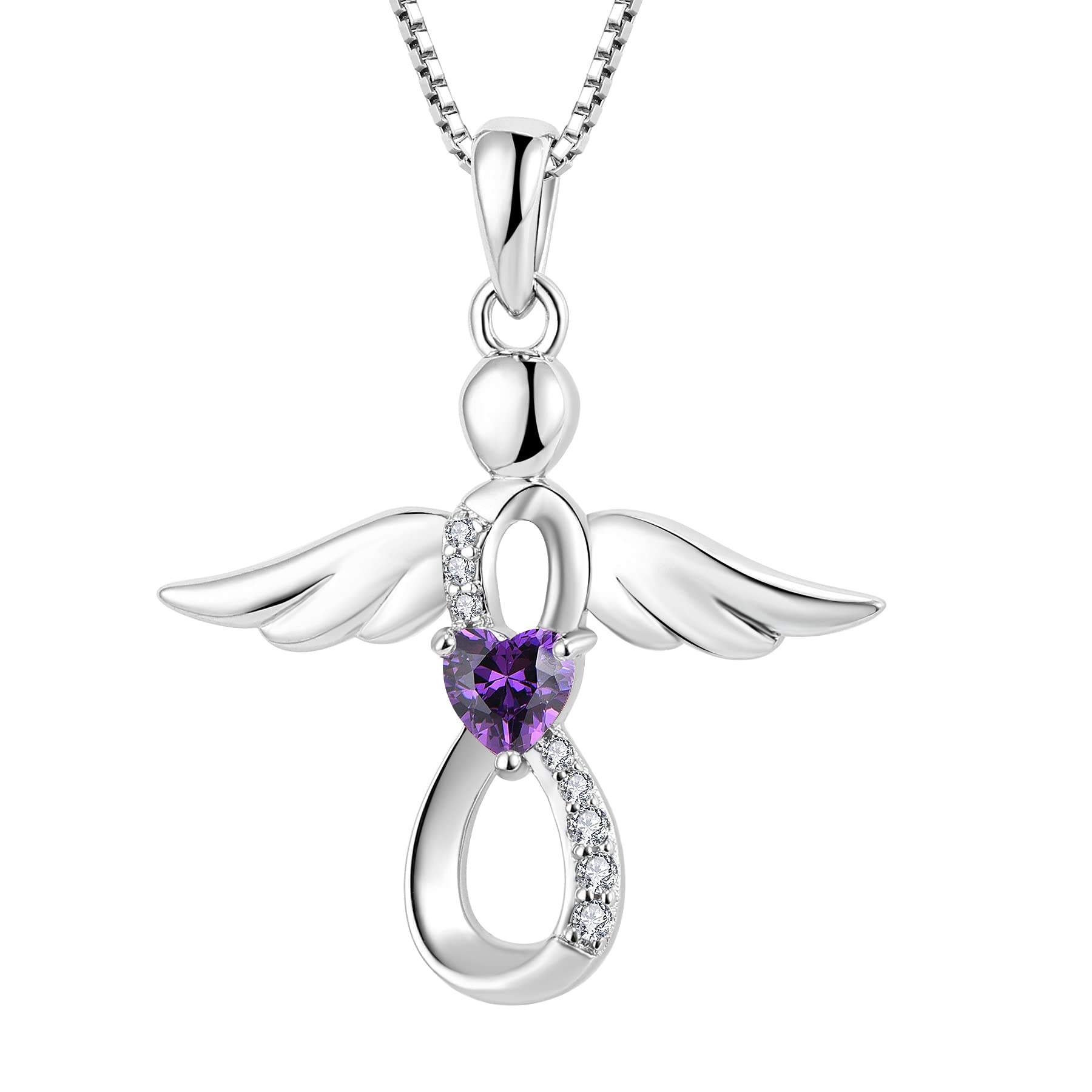 FJ Guardian Angel Necklace 925 Sterling Silver Infinity Pendant Amethyst Necklace February Birthstone Jewellery for Women