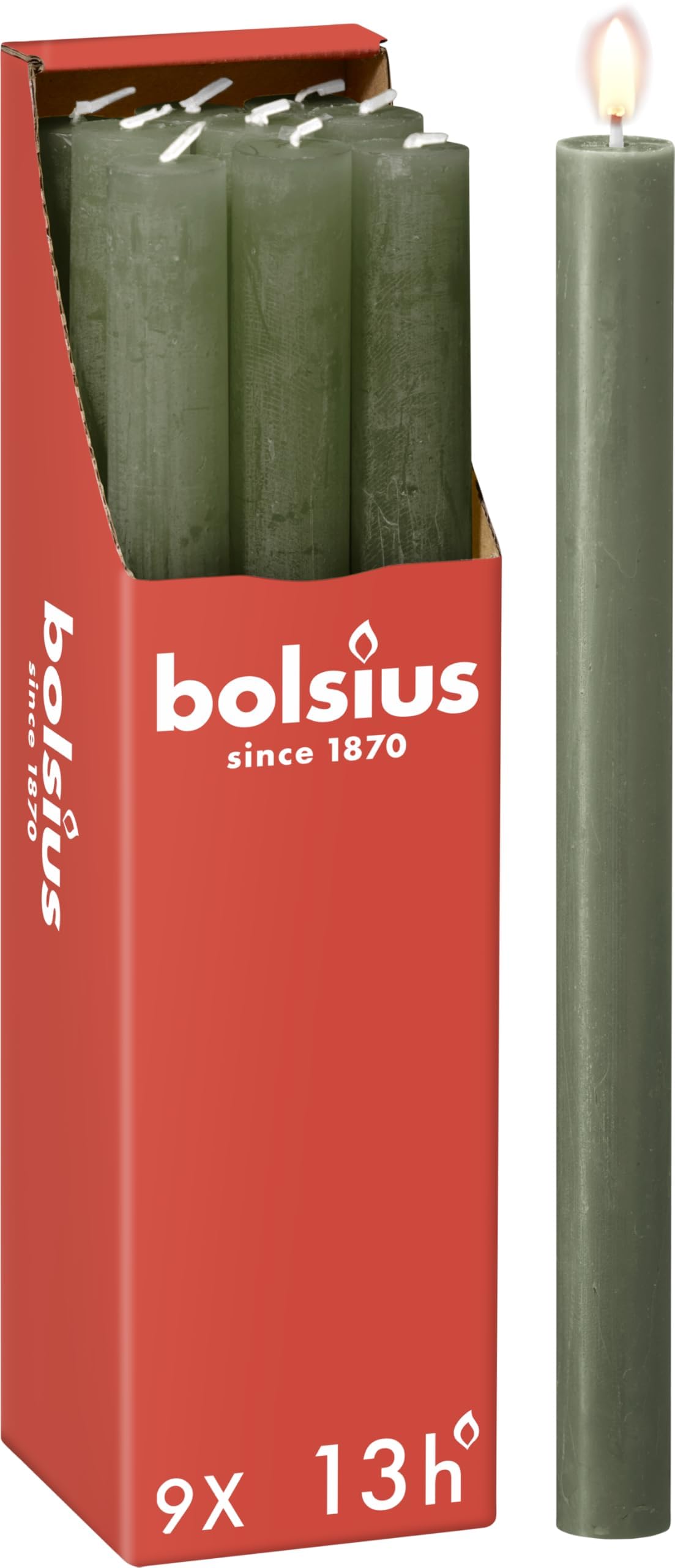 Bolsius Rustic Dinner Candles - Dark Green - Pack of 9 - Long Burning Time of 13 Hours - Interior Decoration - Includes Natural Vegan Wax - 27 x 2.3 cm