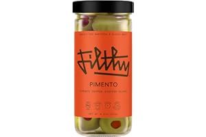 FILTHY FOOD Filthy Pimento Stuffed Olives, Premium Cocktail Garnish, Spanish Pimento Pepper Stuffed Olives, Non-GMO, Gluten Free, Vegan, Naturally Cured Queen Olives Hand Stuffed in the USA, 8.5 Oz Jar, 14 Olives
