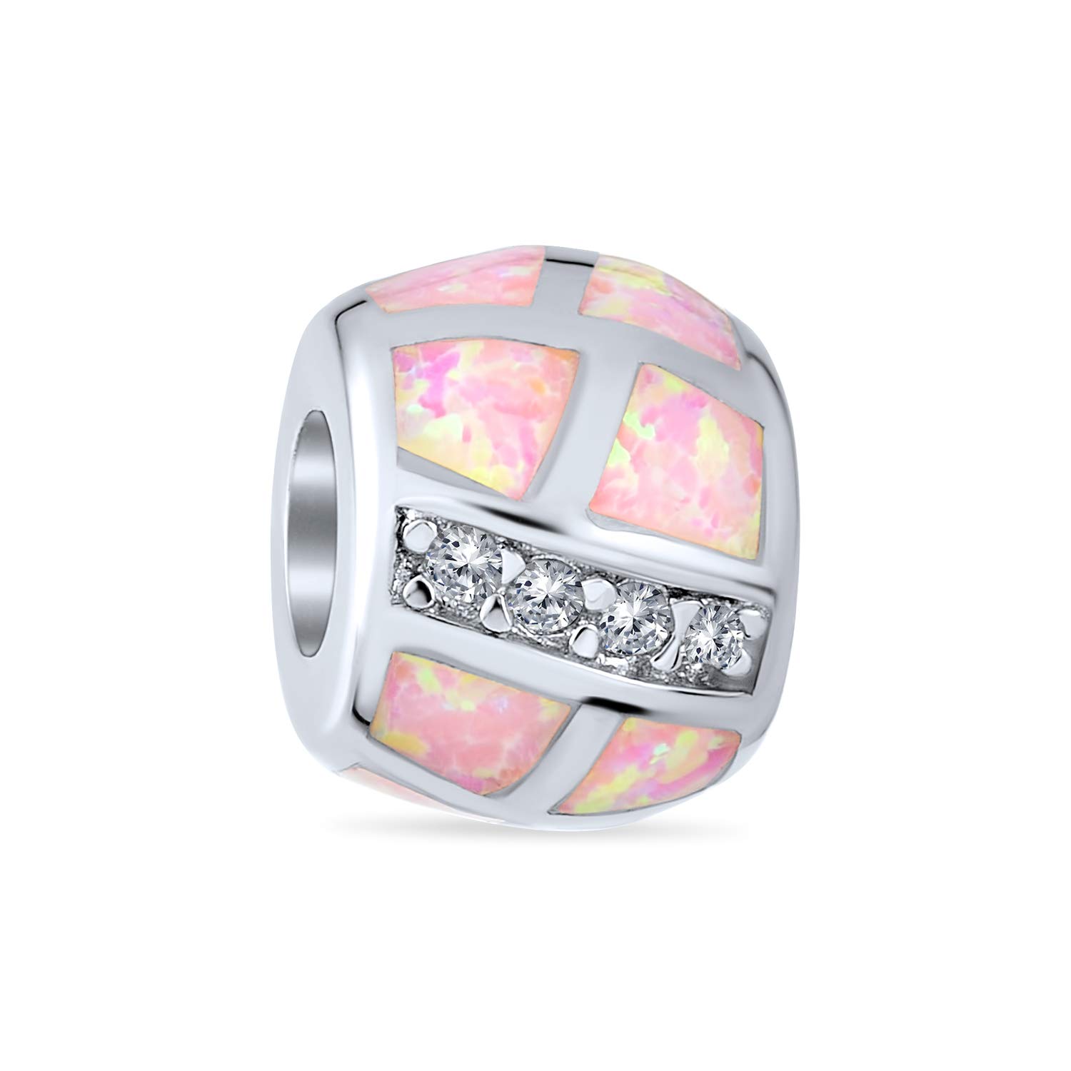 Bling Jewelry Geometric CZ Pink Created Opal Barrel Charm Bead For Women .925 Sterling Silver For European Bracelet October Birthstone