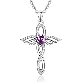 TANGPOET Angel Wings Necklace for Women 925 Sterling Silver Guardian Angel Pendant, Heart Cross Birthstone Necklace, Birthday Jewelry Gifts for Her
