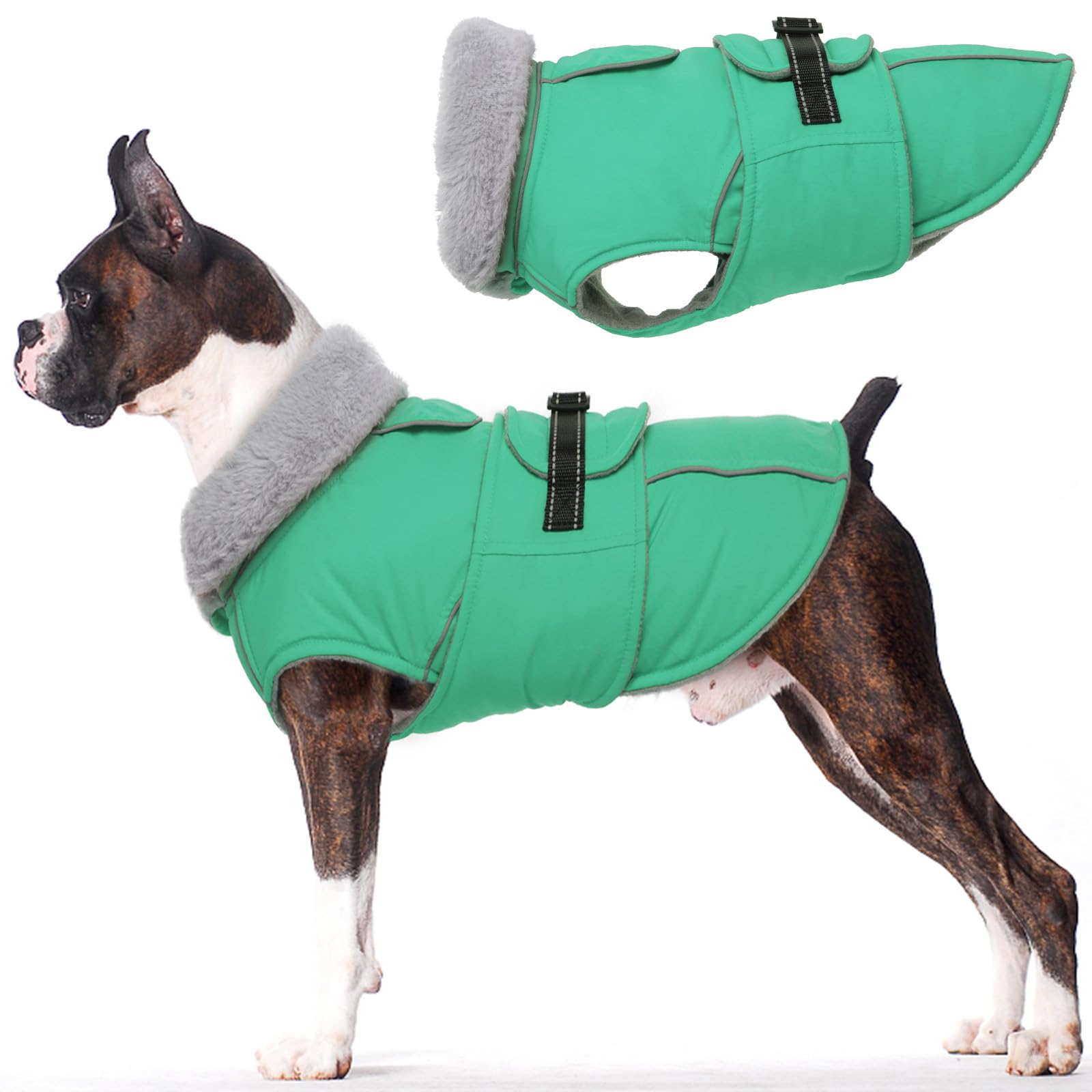 Lelepet Warm Coats and Jackets for Dogs, Waterproof Winter Dog Coat for Cold Weather, Reflective Dog Puffer Jacket, Fleece Lining Pet Coat with Harness Hole for Large Dogs, Green L