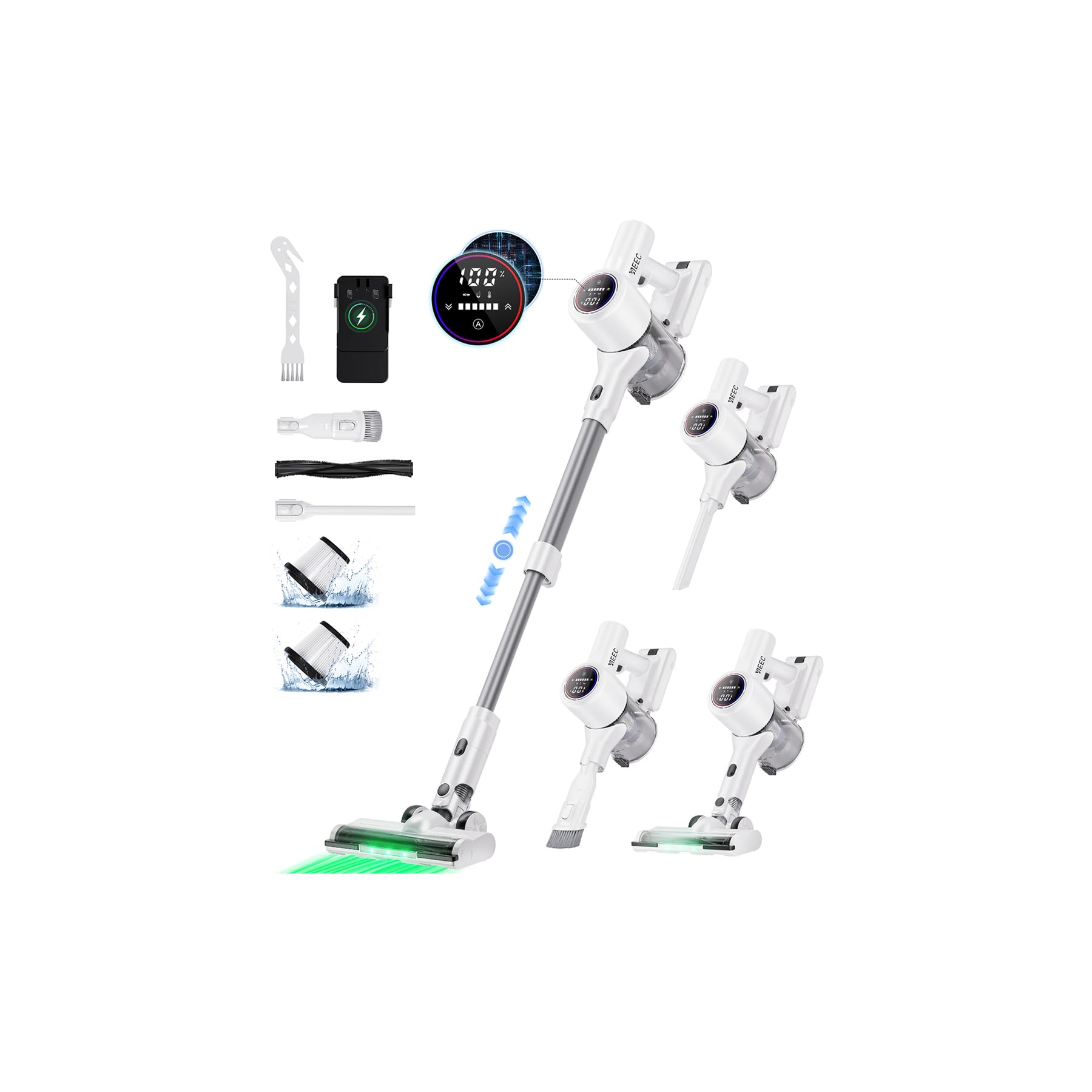 掃除機 コードレス【史上初の革新！AI汚れ自動検知＆65Kpa真の強力吸引＆革新版グリーンLEDライト＆65分連続稼働＆自立式＆2in1充電スタンド＆次世代LED液晶ディスプレイ】YIEEC コードレス掃除機 軽量 サイクロン 絡まないヘッド 伸縮パイプ 550Ｗ 3段吸引力 HEPA多重濾過着脱式バッテリー フロア/カーペット/カーテン/ソファ/本棚/車に PSE認証済み 3年保証
