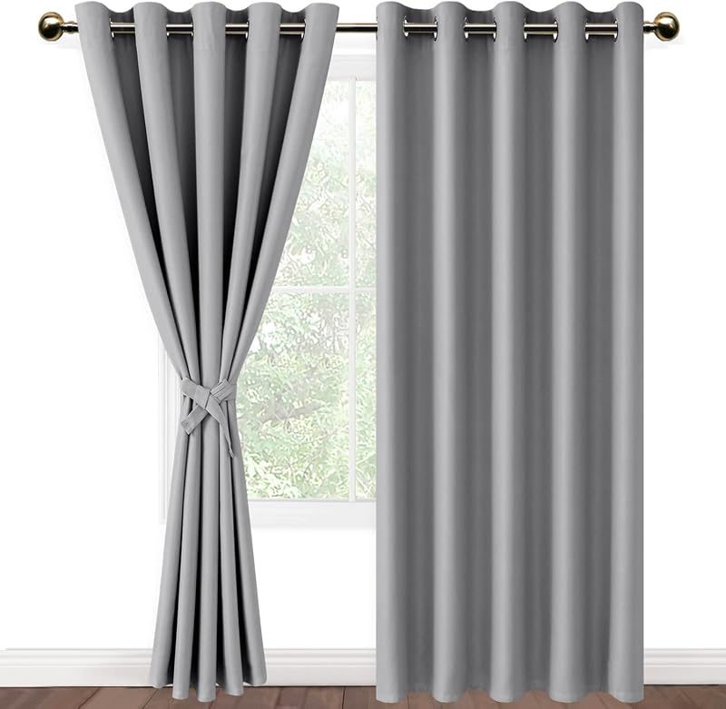 DWCN Silver Grey Blackout Curtains 66x90 Two Panels with Tiebacks