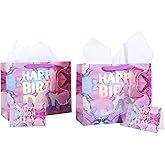 PARNOG 13" Large Happy Birthday Gift Bag with Tissue Paper and Card for Girls Kids Women Birthday(2PCS)