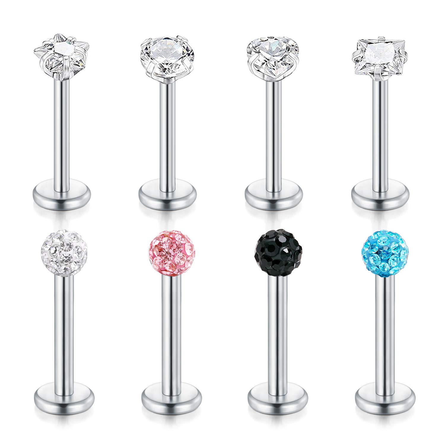 FECTAS 8pcs Stainless Steel Lip Stud Labret Bars Tragus Helix Earring Studs 6mm 8mm Stainless Steel 16G Piercing