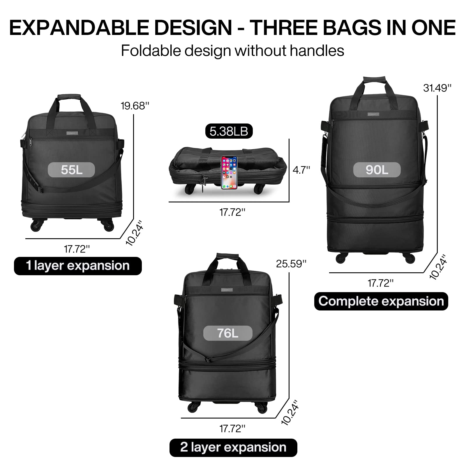 Hanke Suitcases with Wheels Expandable Foldable Luggage Bag Suitcase Collapsible Rolling Travel Bag Duffel Bag for Men Women Lightweight Suitcases without Telescoping Handle, Black