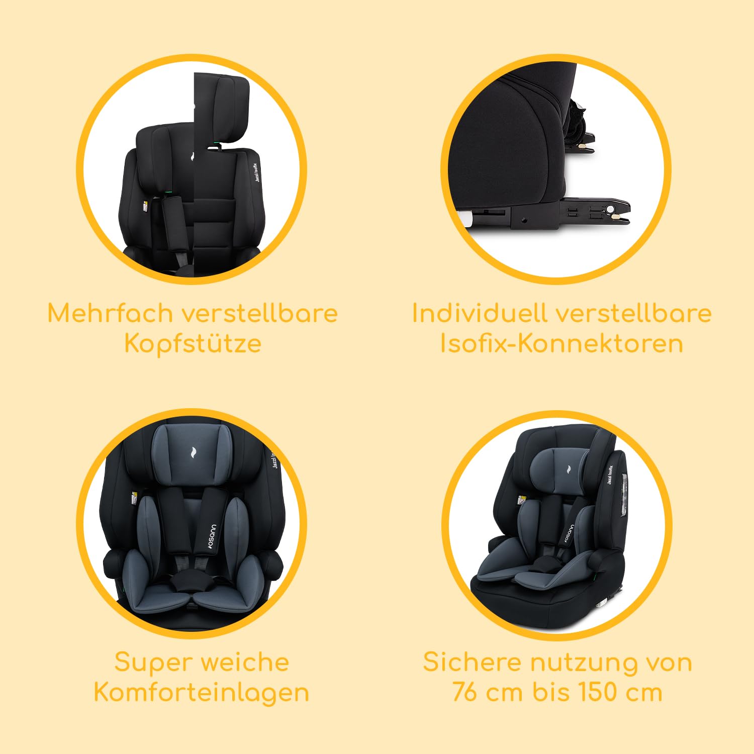 Osann Jazzi Isofix – Der sichere Kindersitz ab 1 Jahr (76–150 cm), mitwachsend mit Isofix & Top-Tether, Schutz & Geborgenheit auf jeder Fahrt - Nero 3