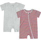 Teach Leanbh Unisex Baby 2 Pack Pajamas Cotton Short Sleeve 2 Way Zipper Stripe Soild Romper Jumpsuit Sleep and Play