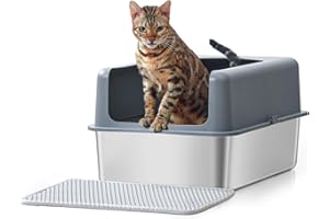 Stainless Steel Cat Litter Box with Lid, Pawque XL Extra Large Litter Box Enclosure for Big Cats Metal Cat Litter Pan Tray with Cat Litter Mat, Non-Sticky, Anti-Leakage, Easy Cleaning