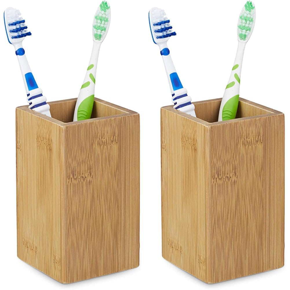 Relaxdays Bamboo Square Toothbrush Holder with Natural Design, Brown, 11.5 x 6.5 x 6.5 cm (Pack of 2)