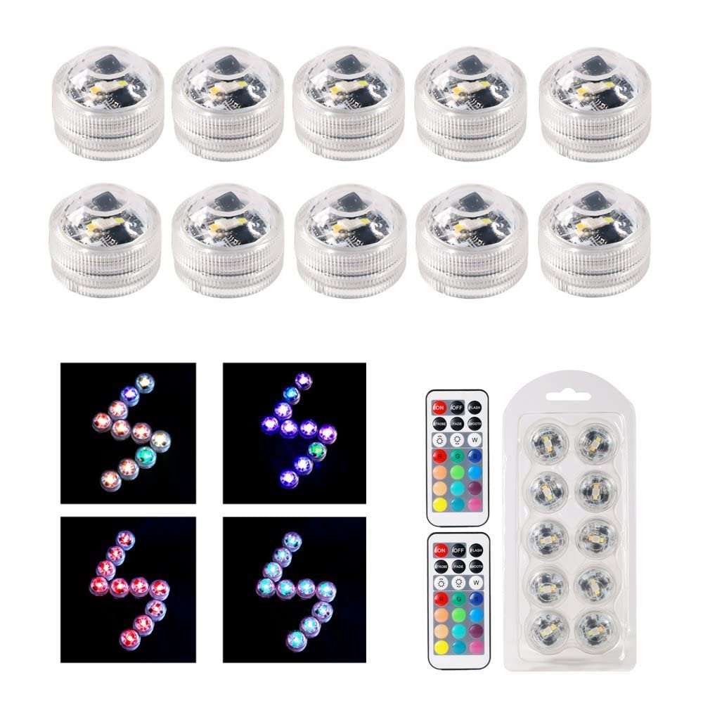 RGB Underwater LED Lights - Multi Colour Changing Flameless LED - Round CR2450 Super Bright White & Warm White - Remote Control Halloween & Pumpkin Lights