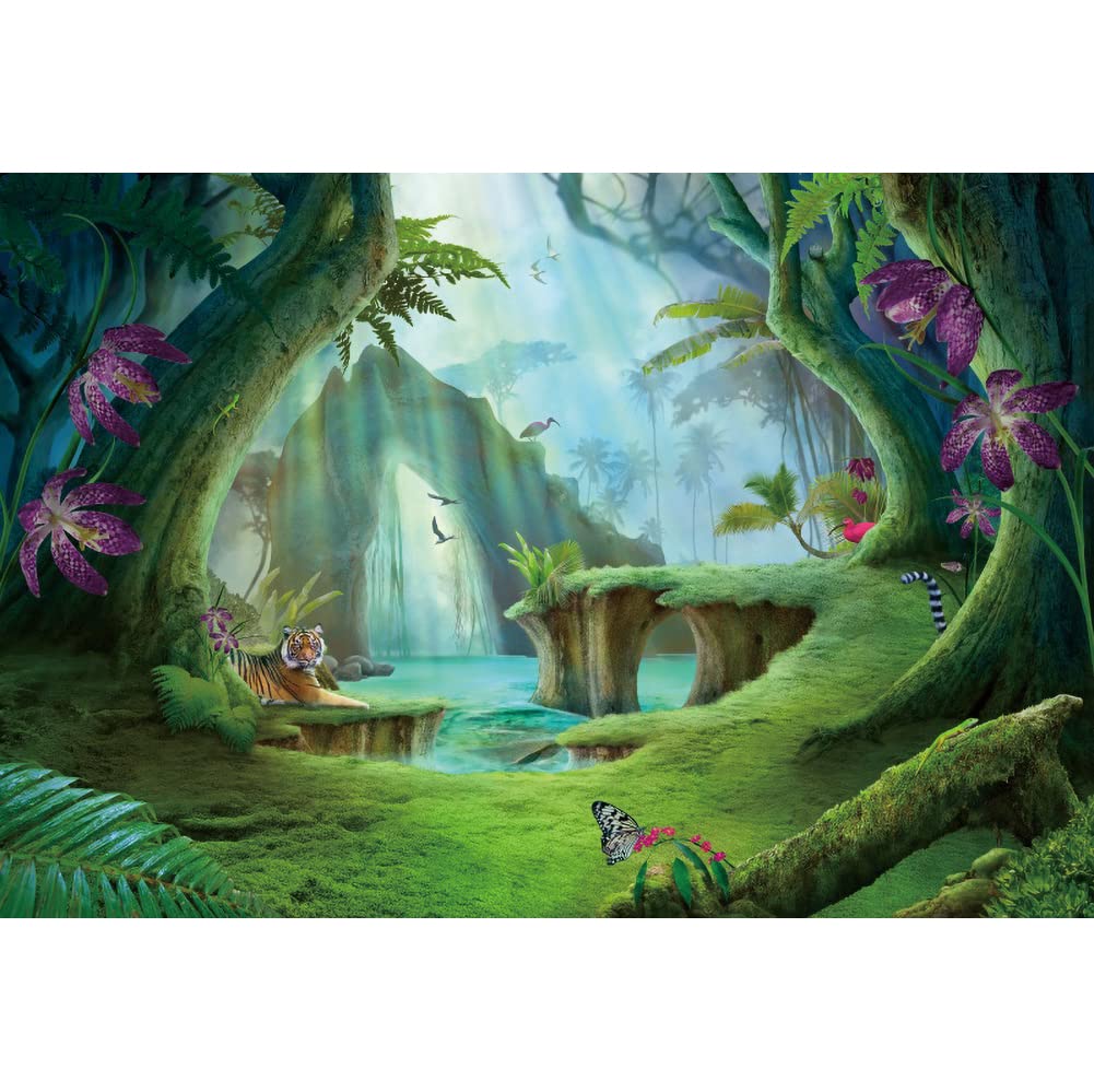 Aoihrraan 3,5x2,5m Enchanted Forest Backdrop Cartoon Fairy Woodland Tiger Butterfly Flowers Nature Greenery Wonderland Photography Background Baby Shower Kids Girls Boys Portrait Photo Studio Props