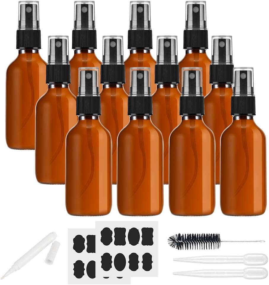 Glass Spray Bottles for Essential Oils，MASSUGAR 12 Pack 4oz Amber Glass Bottles for Essential Oils, Cleaning Products